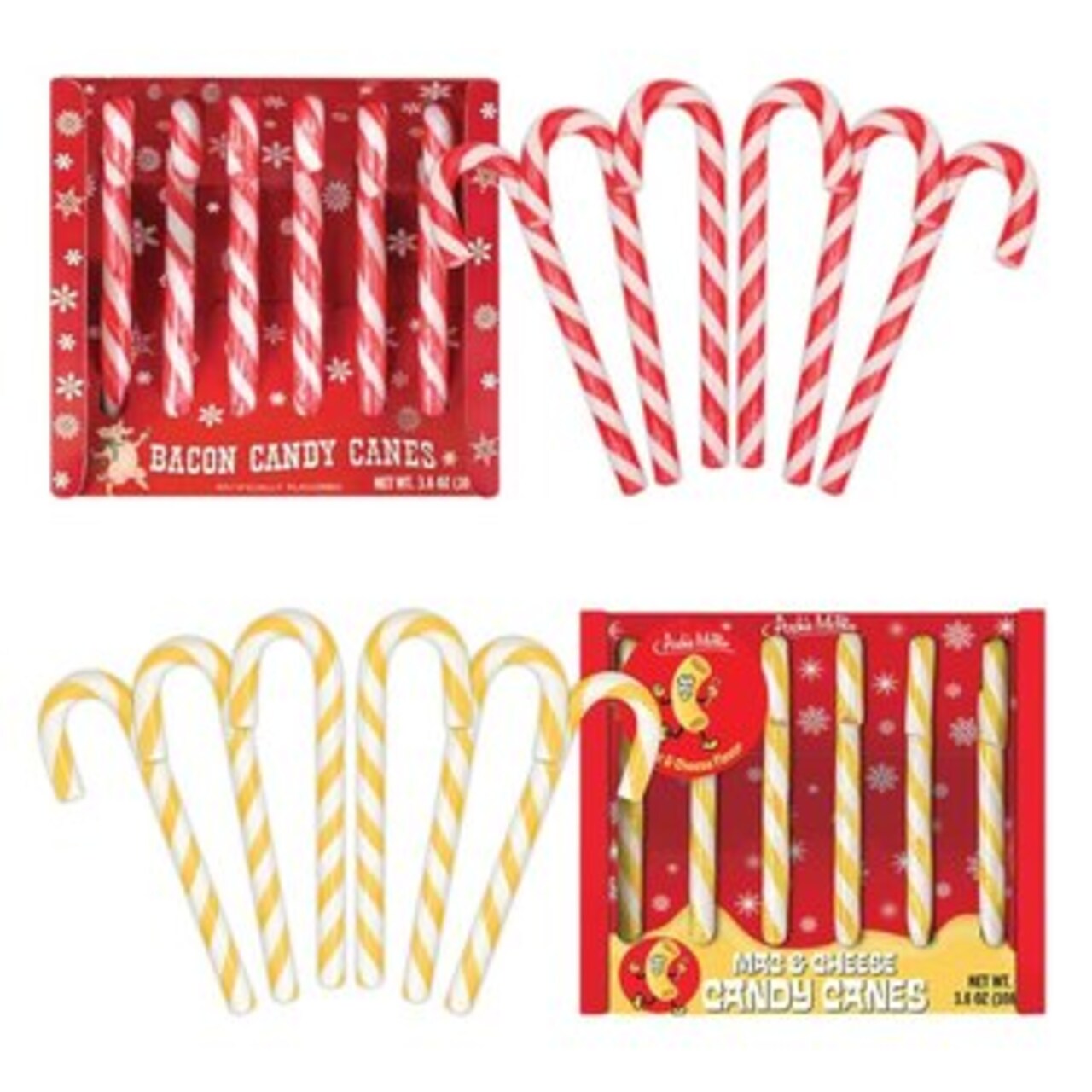 Archie McPhee Weird and Unusual Candy Canes - Unique Mac n Cheese and Funny Bacon Flavors - Includes 8 Individual Candy Canes - Novelty Gag and Prank Gifts - Add a Twist to Holiday Gifts